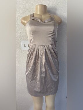 City Studio Satin Halter Midi Dress in Taupe formal prom party